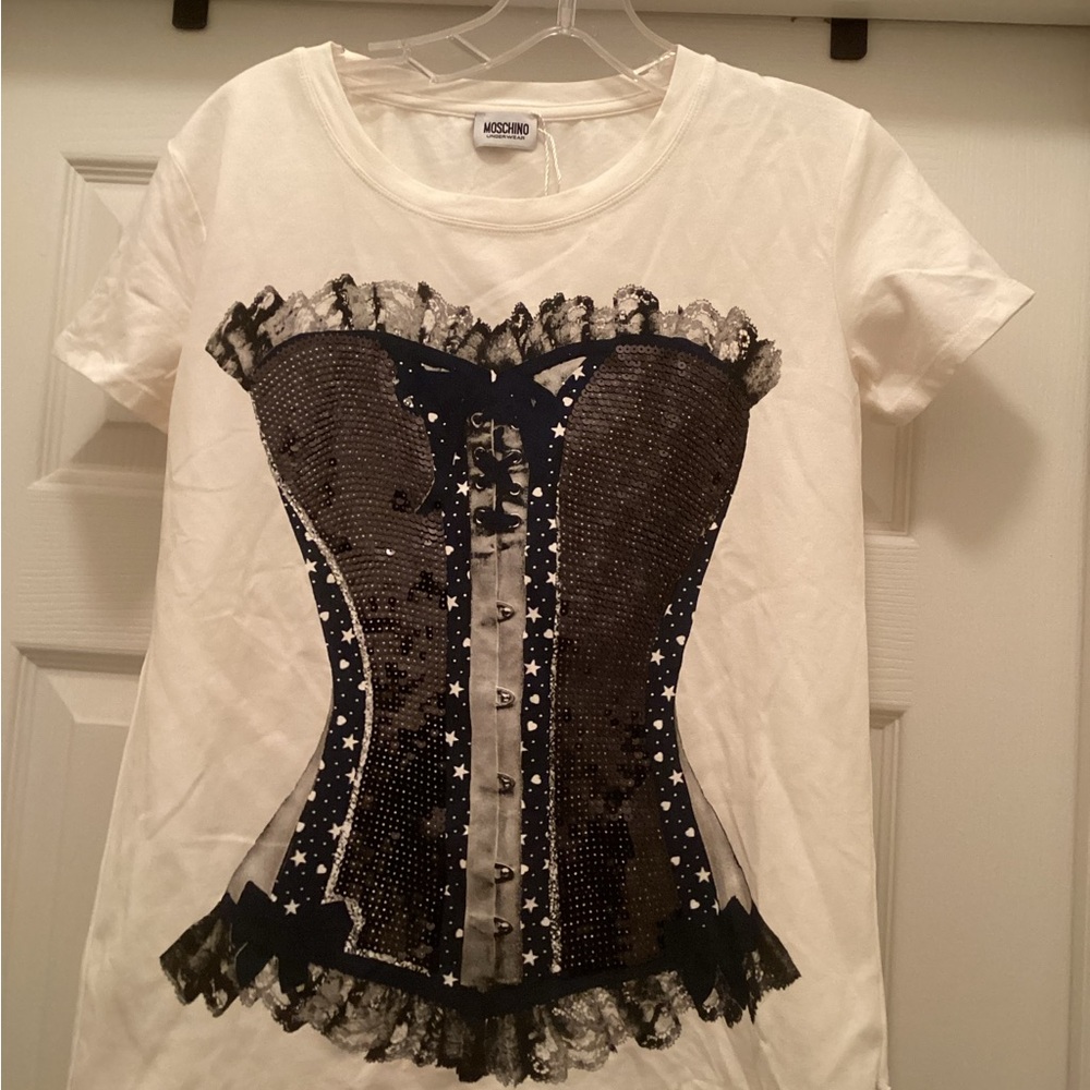 Moschino White Tee with Black Corset Graphic